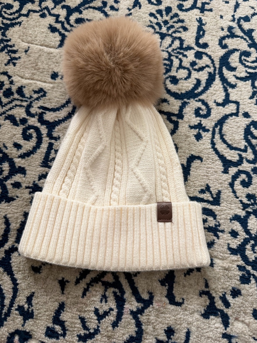 Lucky Brand Women's Beanie Hat Cable Knit Cream White Pom-Pom Fur Stretch